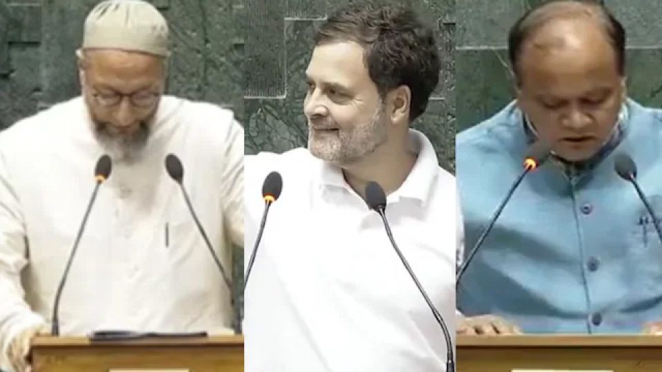মঙ্গলবার লোকসভায় শপথ নেওয়ার সময় আসাদউদ্দিন ওয়াইসি (বামে), রাহুল গান্ধী (মাঝে), ছত্র পাল সিং গাঙ্গওয়ার (ডানে)।